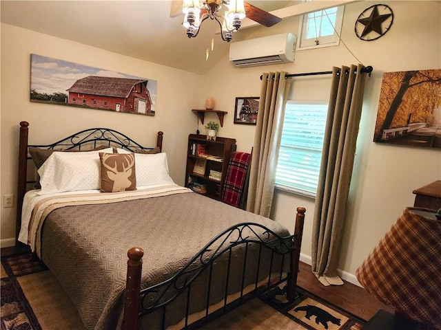 bedroom with a wall mounted AC, dark wood-type flooring, and ceiling fan with notable chandelier