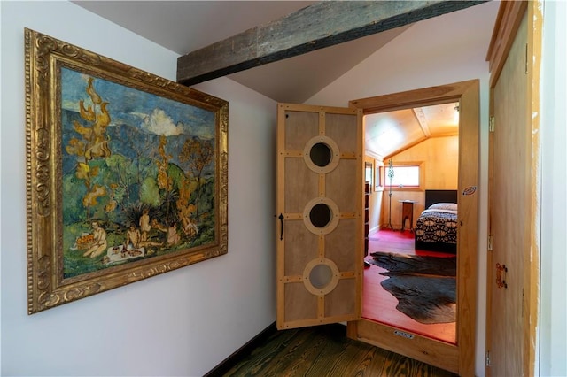 hallway featuring vaulted ceiling with beams and dark wood-type flooring