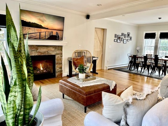 living room featuring a fireplace, light wood-type flooring, a baseboard radiator, and ornamental molding