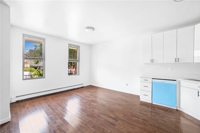 interior space featuring a baseboard heating unit, sink, stainless steel dishwasher, dark hardwood / wood-style floors, and white cabinetry