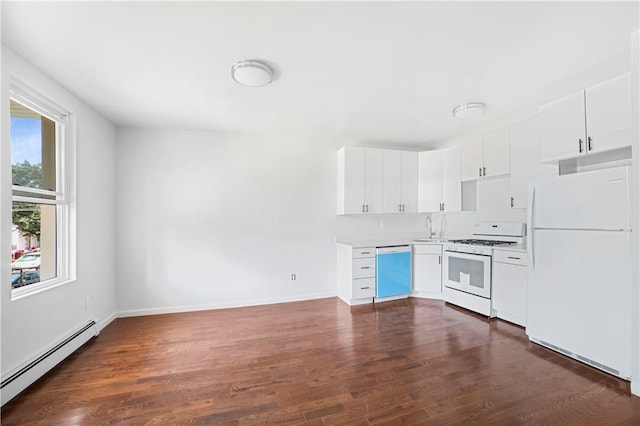 kitchen with white appliances, dark hardwood / wood-style floors, white cabinetry, and a baseboard heating unit