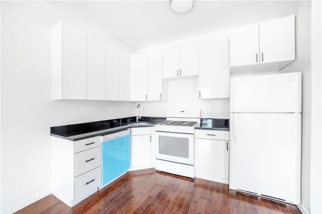 kitchen with white appliances, dark hardwood / wood-style floors, white cabinetry, and sink