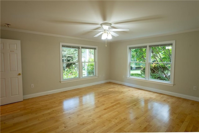 spare room featuring crown molding, ceiling fan, and light wood-type flooring