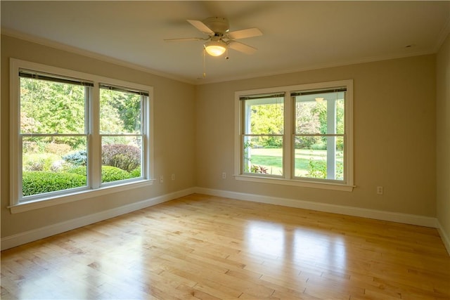 empty room featuring ornamental molding, a wealth of natural light, and light hardwood / wood-style flooring