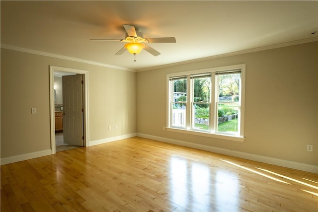 spare room with light wood-type flooring and crown molding