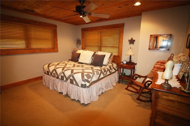 bedroom with carpet flooring, ceiling fan, and wood ceiling