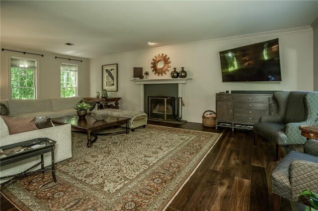 living room with dark hardwood / wood-style floors and ornamental molding