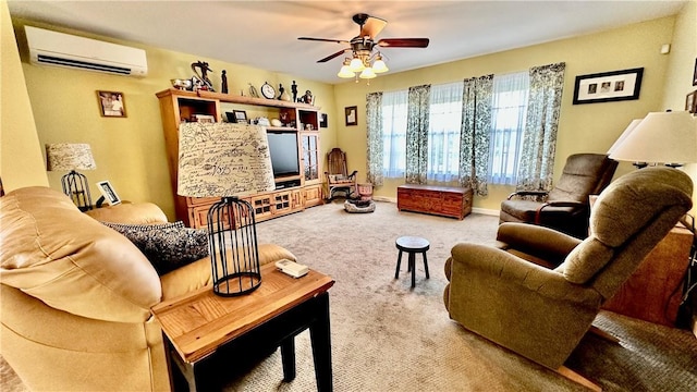 carpeted living room featuring ceiling fan and an AC wall unit