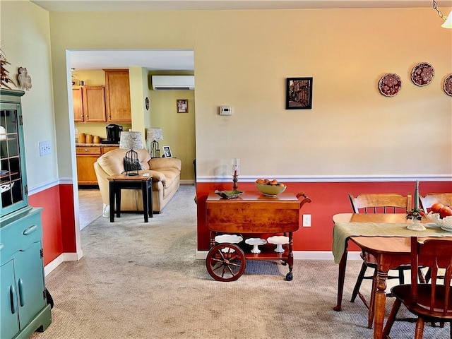 carpeted living room with a wall mounted air conditioner