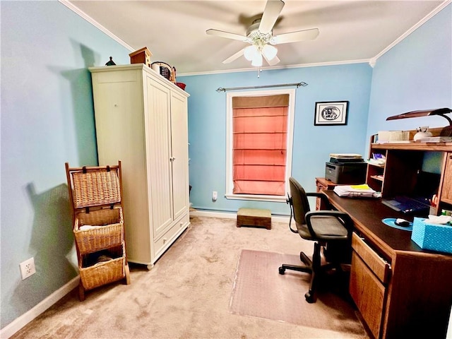 office with light carpet, ceiling fan, and ornamental molding