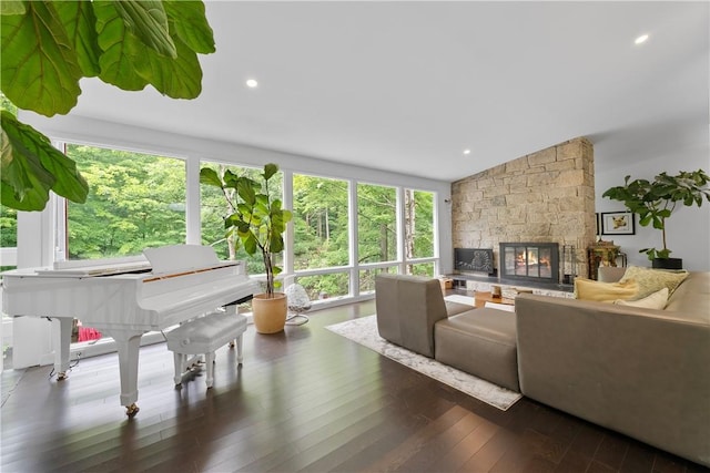 living room featuring a stone fireplace, lofted ceiling, and dark hardwood / wood-style floors