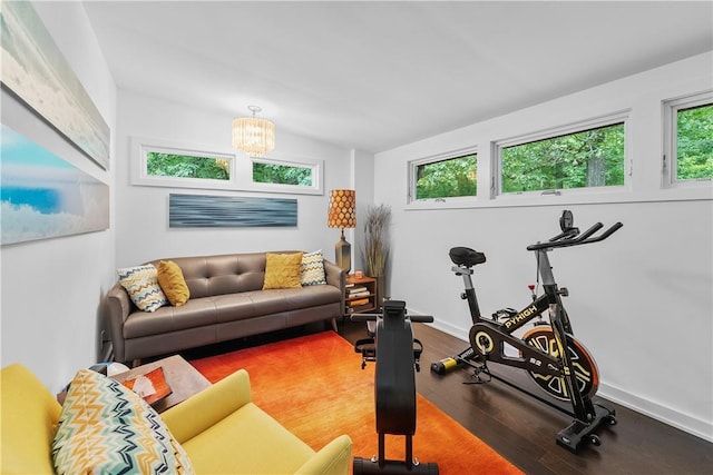 exercise room with hardwood / wood-style flooring, plenty of natural light, vaulted ceiling, and an inviting chandelier