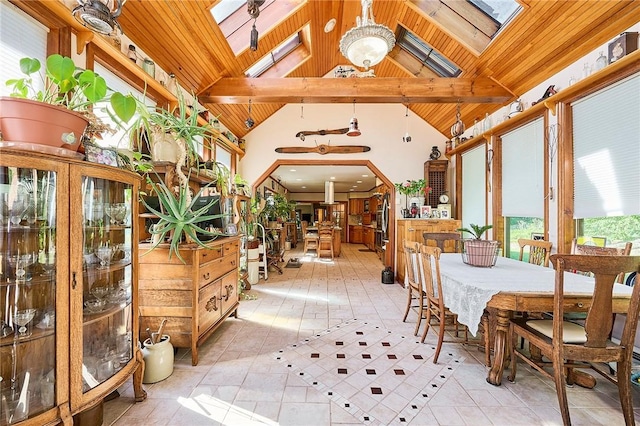 sunroom with lofted ceiling with skylight and wood ceiling