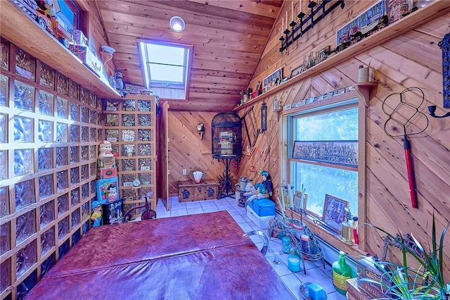 interior space featuring tile patterned flooring, plenty of natural light, lofted ceiling, and wood ceiling