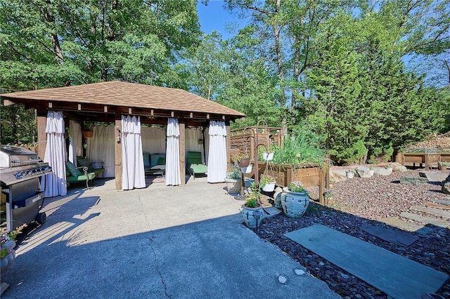 view of patio / terrace with area for grilling and a shed