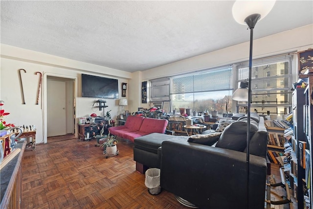 living room featuring dark parquet floors and a textured ceiling