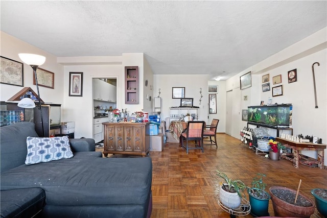 living room featuring dark parquet flooring and a textured ceiling