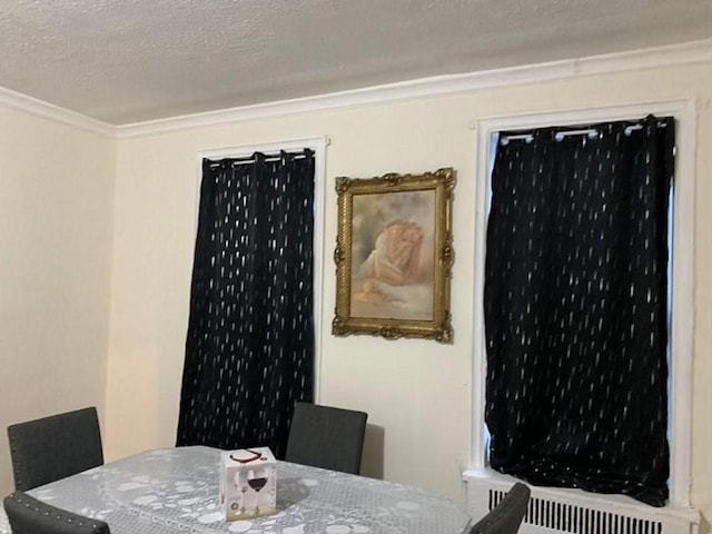 dining space featuring radiator heating unit, a textured ceiling, and ornamental molding