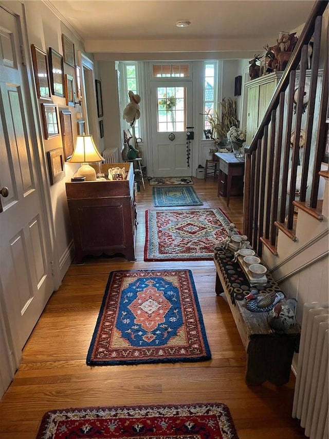 entryway with light wood-type flooring and radiator