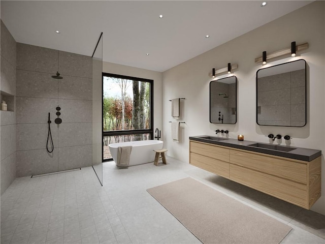 bathroom with vanity, tile walls, and plus walk in shower