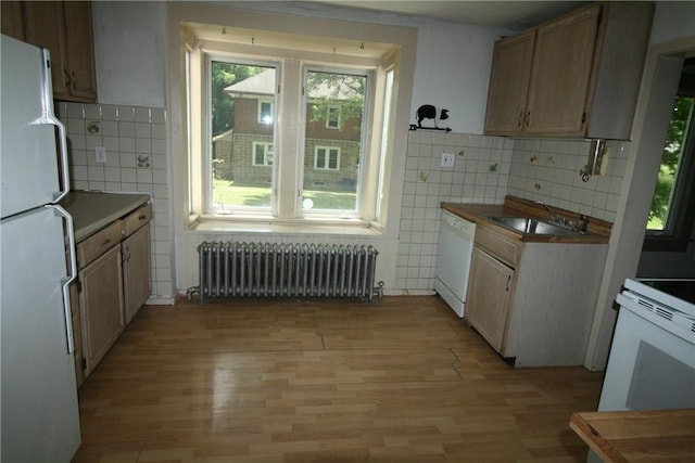 kitchen with white appliances, backsplash, radiator, sink, and light wood-type flooring