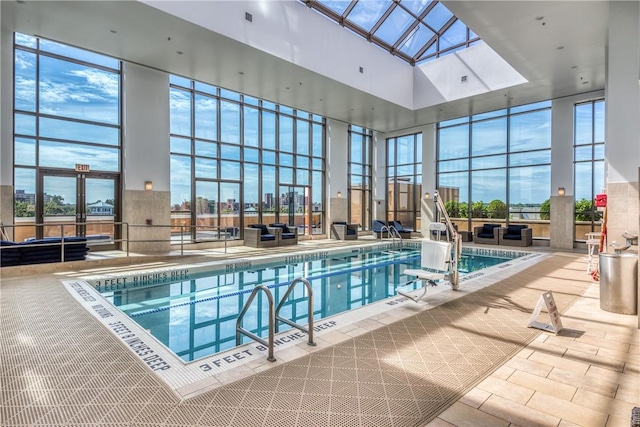 view of pool with a skylight