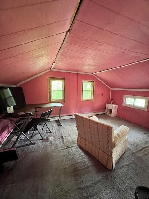 bonus room with carpet, plenty of natural light, and vaulted ceiling