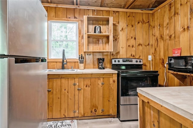 kitchen featuring wood walls, sink, wooden ceiling, and appliances with stainless steel finishes