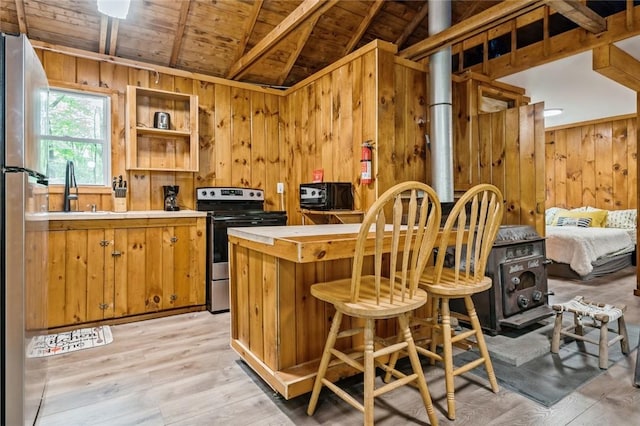 kitchen with lofted ceiling with beams, light hardwood / wood-style flooring, wooden ceiling, and stainless steel range with electric stovetop