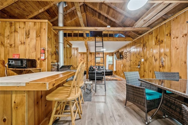 bar featuring hardwood / wood-style flooring, lofted ceiling with beams, wood ceiling, and wooden walls