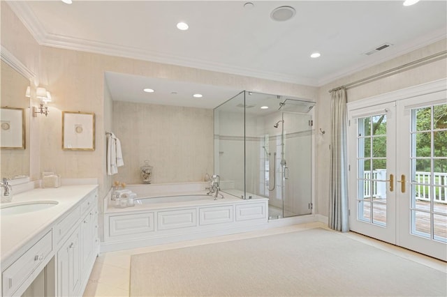 bathroom with plus walk in shower, french doors, vanity, and crown molding