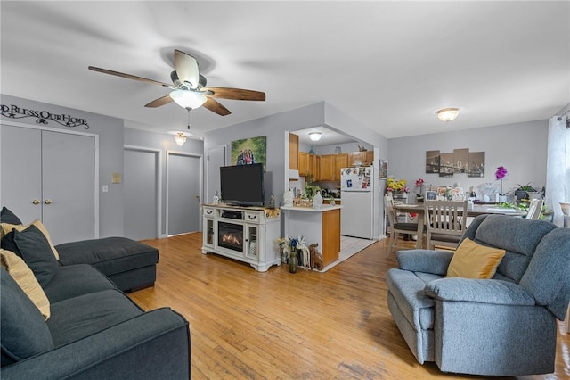 living room with ceiling fan and light wood-type flooring