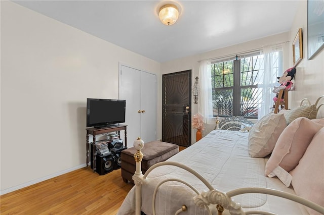 bedroom featuring wood-type flooring and a closet