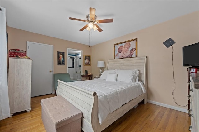 bedroom with ceiling fan and light hardwood / wood-style floors