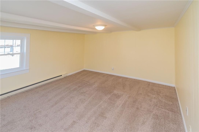 carpeted empty room featuring beamed ceiling and a baseboard heating unit