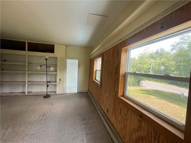 garage featuring wood walls