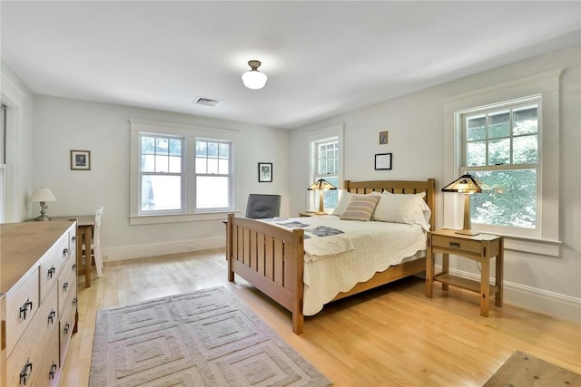 bedroom featuring light hardwood / wood-style flooring and multiple windows