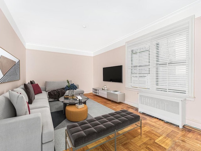 living room featuring radiator, light parquet floors, and ornamental molding