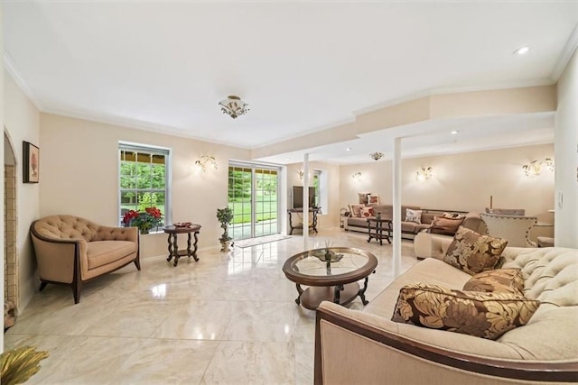 living room featuring crown molding