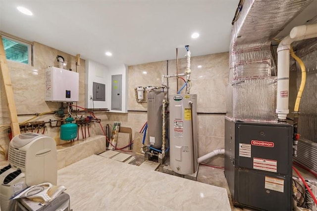 utilities with electric panel, water heater, heating unit, and tankless water heater