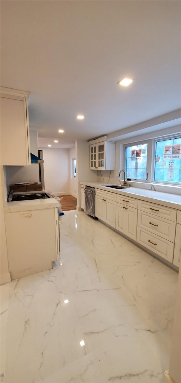 kitchen with ventilation hood, stainless steel dishwasher, and sink