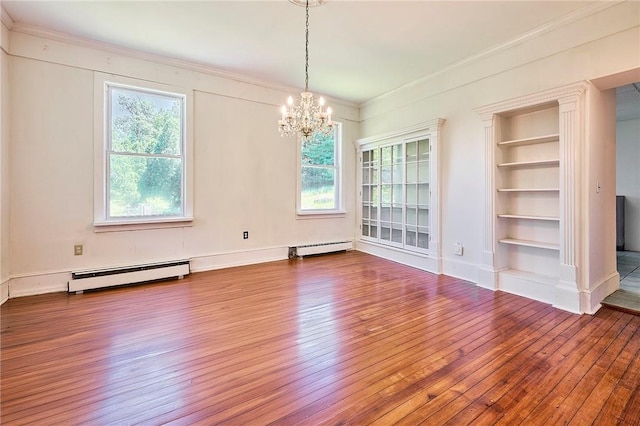 unfurnished dining area with wood-type flooring, built in features, and baseboard heating