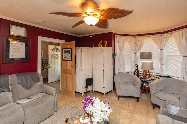 living room featuring ceiling fan and ornamental molding