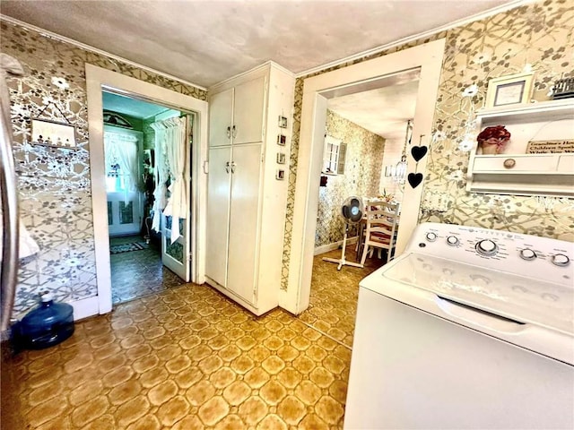 5090 State Route 52, Jeffersonville, NY 12748 - laundry area with washer / dryer, wallpapered walls, and crown molding