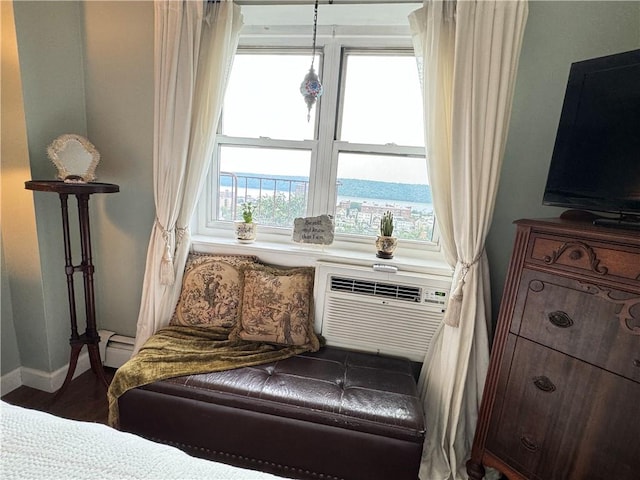 sitting room with a wall mounted air conditioner, hardwood / wood-style floors, and plenty of natural light