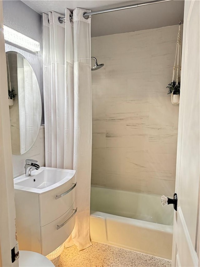 bathroom featuring shower / bath combination with curtain and vanity