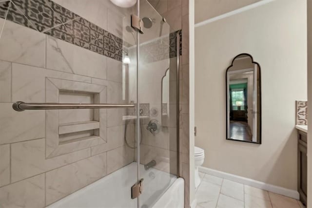 full bathroom with vanity, toilet, shower / bath combination with glass door, and crown molding