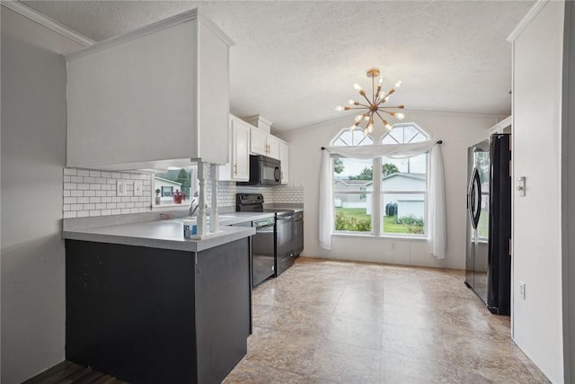 kitchen featuring backsplash, an inviting chandelier, black appliances, a textured ceiling, and white cabinetry