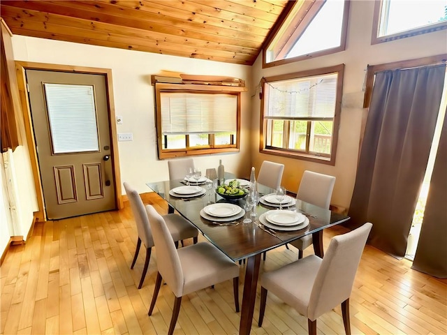 dining room featuring lofted ceiling, wood ceiling, and light hardwood / wood-style flooring