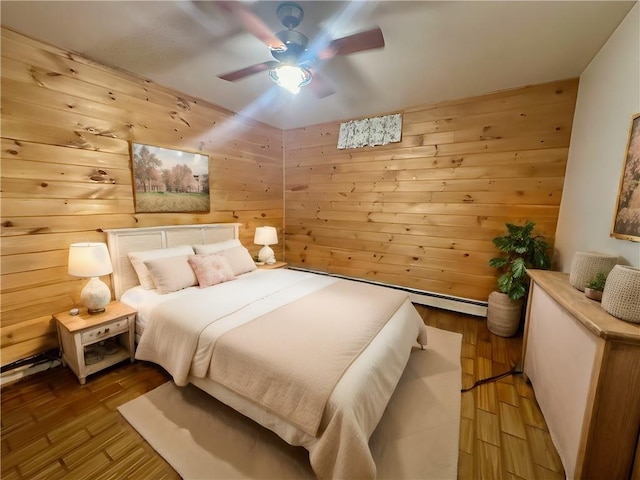 bedroom with light wood-type flooring, wooden walls, and ceiling fan